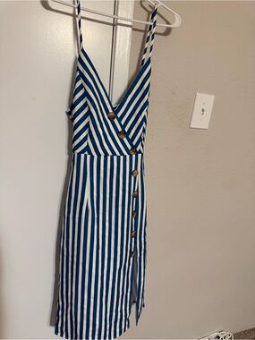 Striped Blue and White Backless Button-Front Sundress